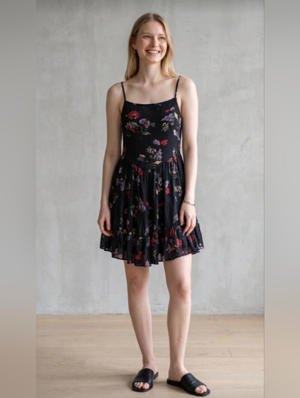INTIMATELY BY FREE PEOPLE!  BLACK W/RED, GREEN, YELLOW & CREAM SUN DRESS! SIZE S